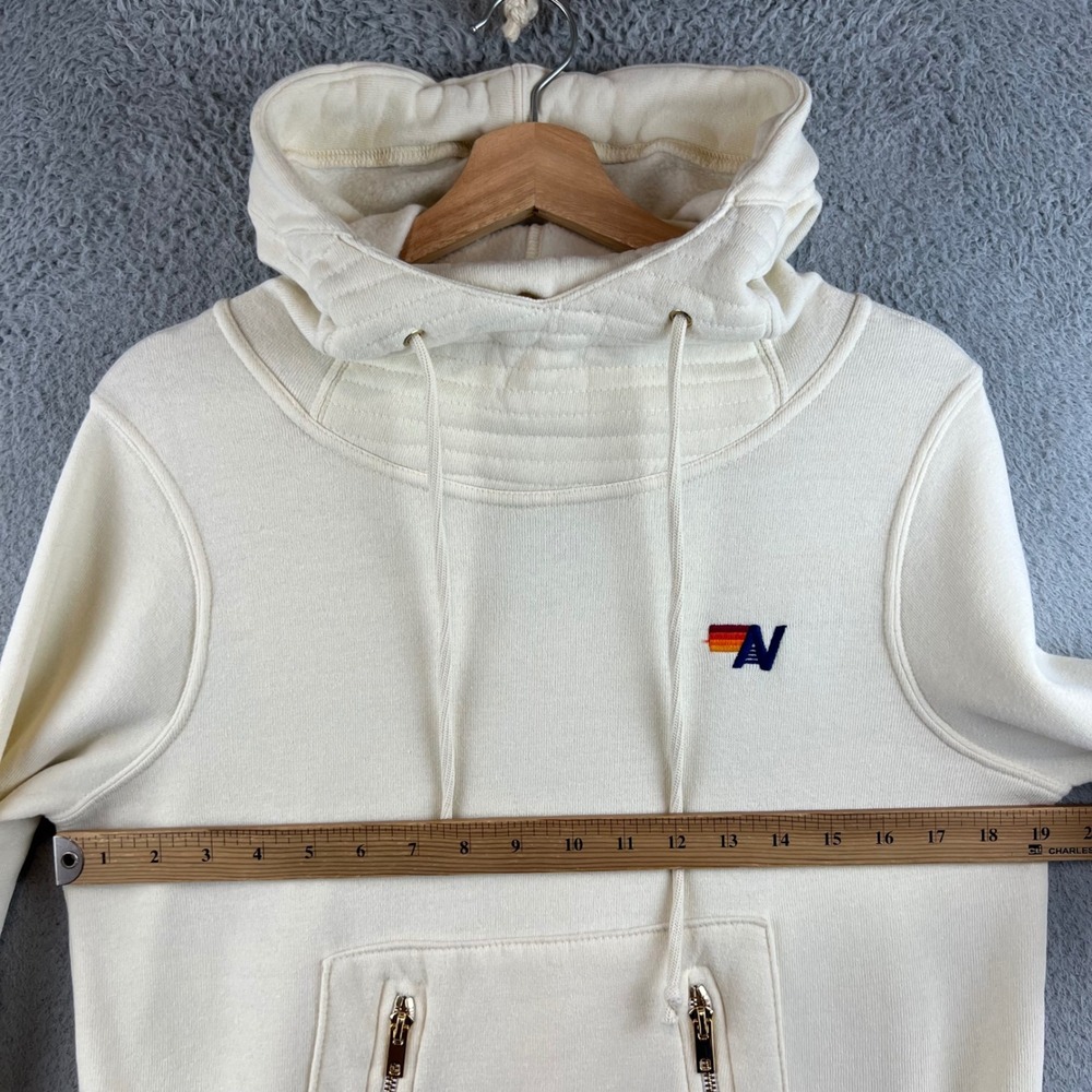Aviator Nation Cream White Rainbow Logo Funnel Neck Hoodie Zip Pocket Women XS - Picture 11 of 13